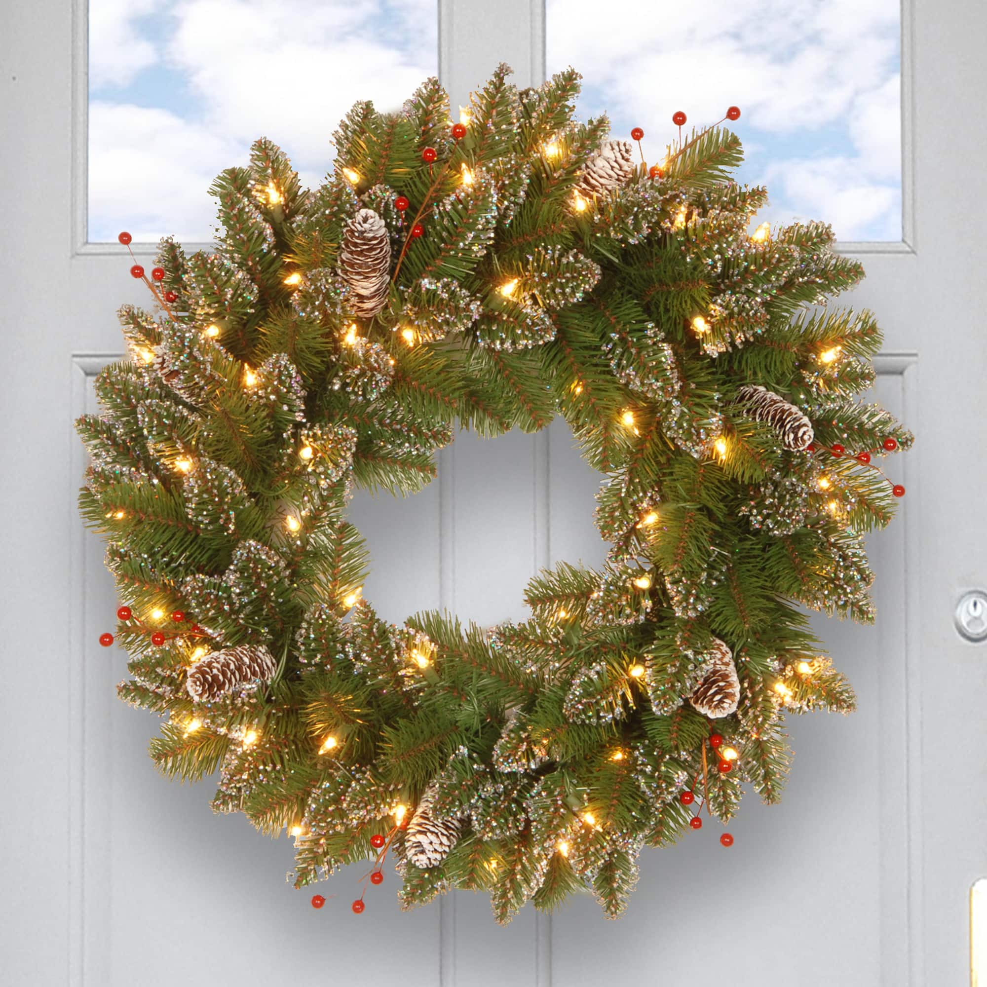 24" Glittery White Edged Cones & Red Berries Mountain Spruce Wreath With Warm White LED Lights